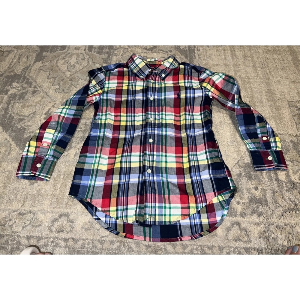 Ralph Lauren Long Sleeve Plaid Button Up Shirt Boys Youth Size 5 Red Blue Multi